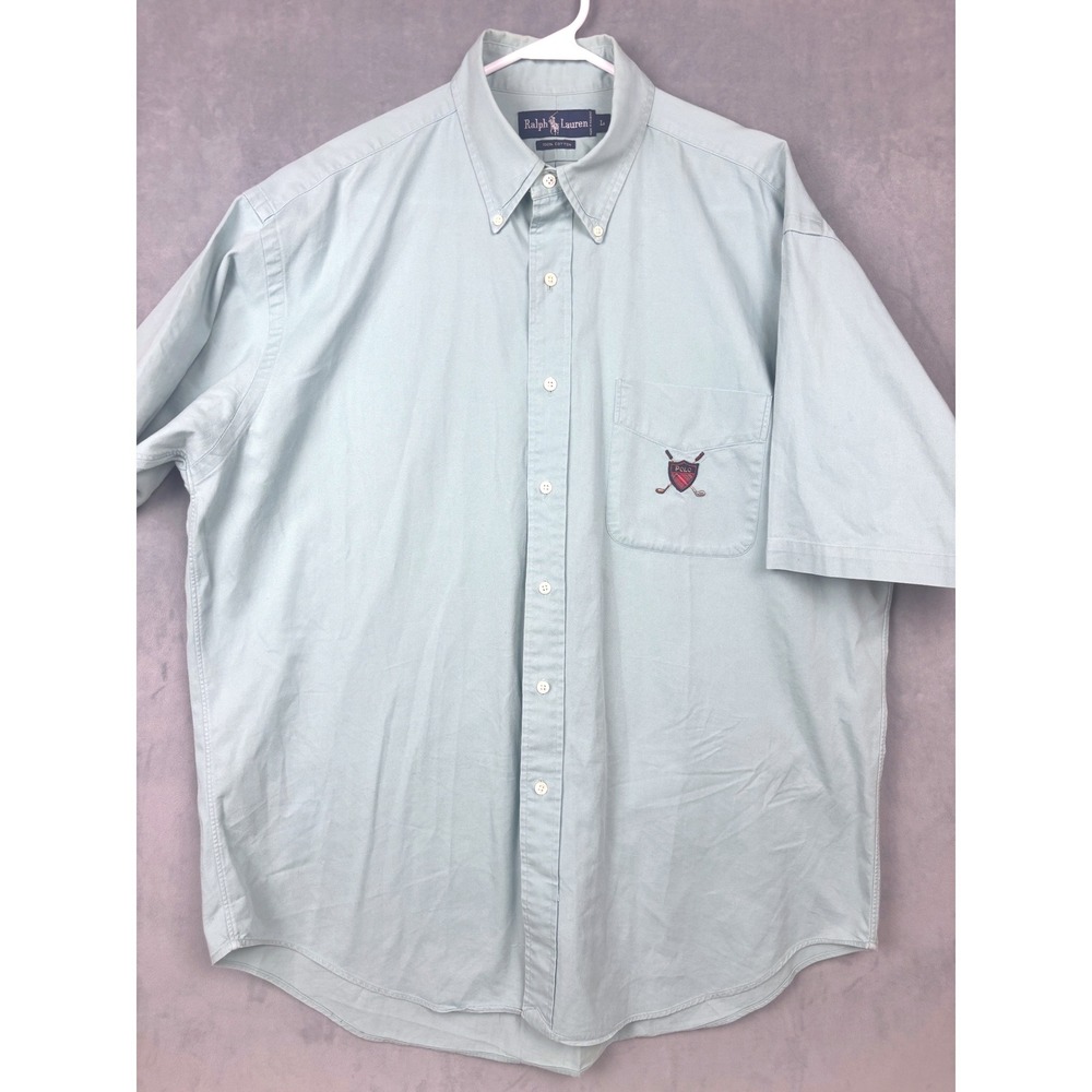 Ralph Lauren Mens Large Seafoam Green Short Sleeve Golf Crest Button Down Shirt